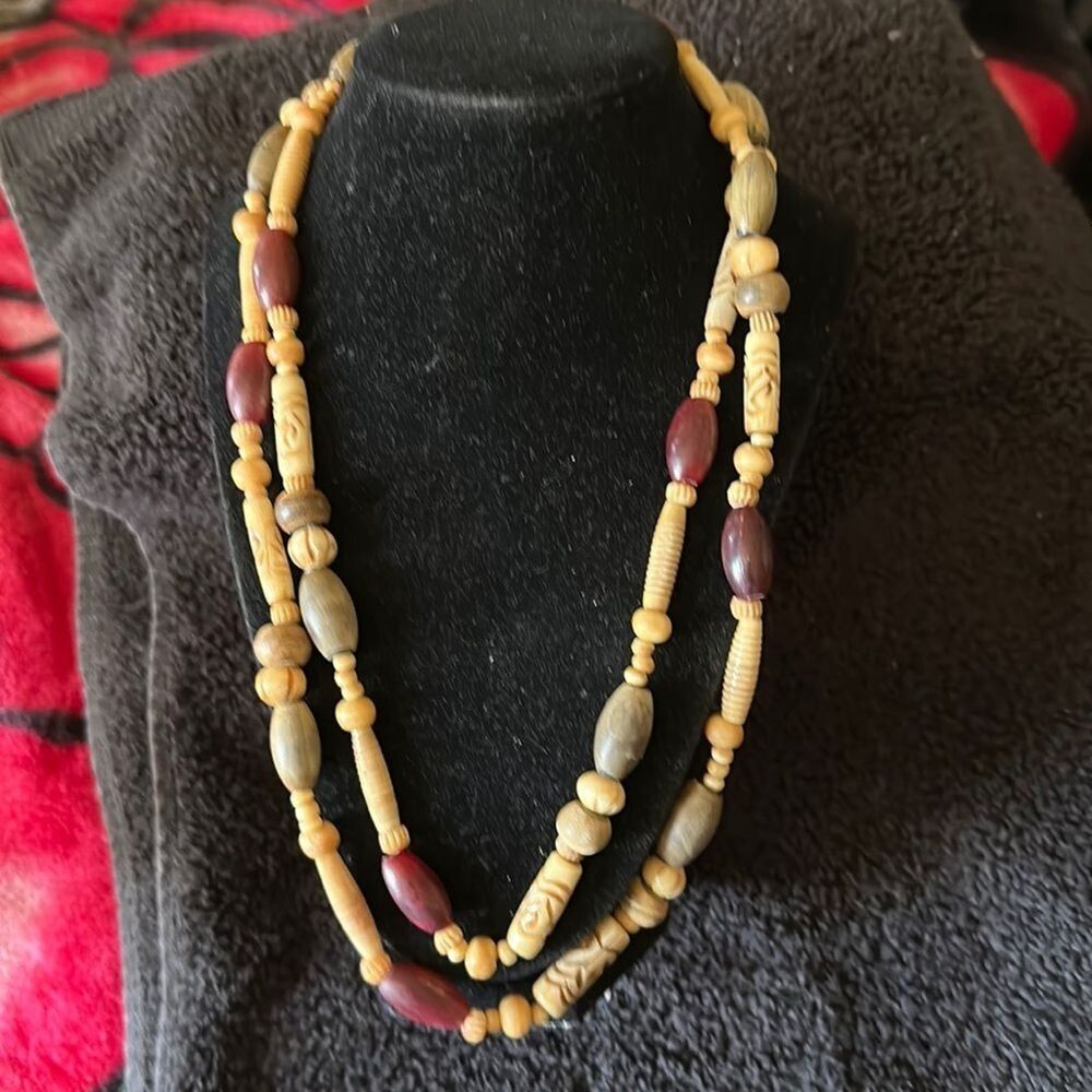 Women’s Wood Bead Necklace Beige Red Gray Continuous Strand Boho Jewelry
